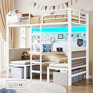 Twin Over Twin Bunk Bed with Led Lights and Charging Station Convertible Loft Bed Twin Size with Desk and Seat Metal Bunk Bed w