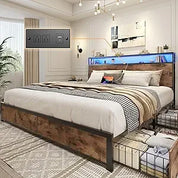 Queen Bed Frame with 2-Tier Storage Headboard, Metal Frame with 4 Storage Drawers, and Built in Charging