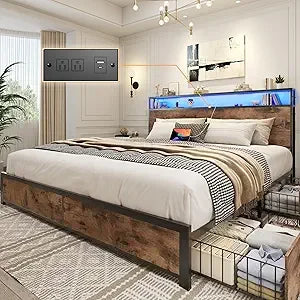 Queen Bed Frame with 2-Tier Storage Headboard, Metal Frame with 4 Storage Drawers, and Built in Charging