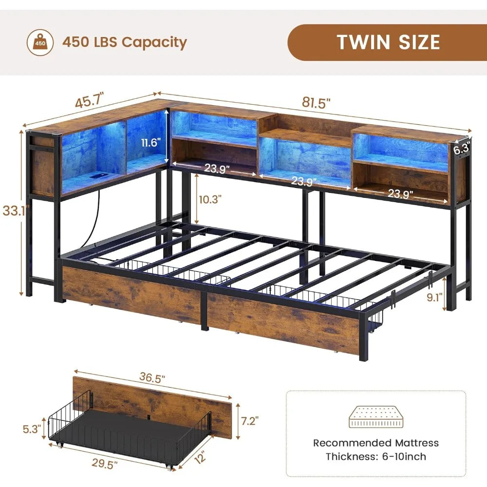 FurnishSpot Twin Corner Bed with Storage Drawers, Bookcase Headboard, LED Lights & Charging Station, Space-Saving Modern Kids Bed