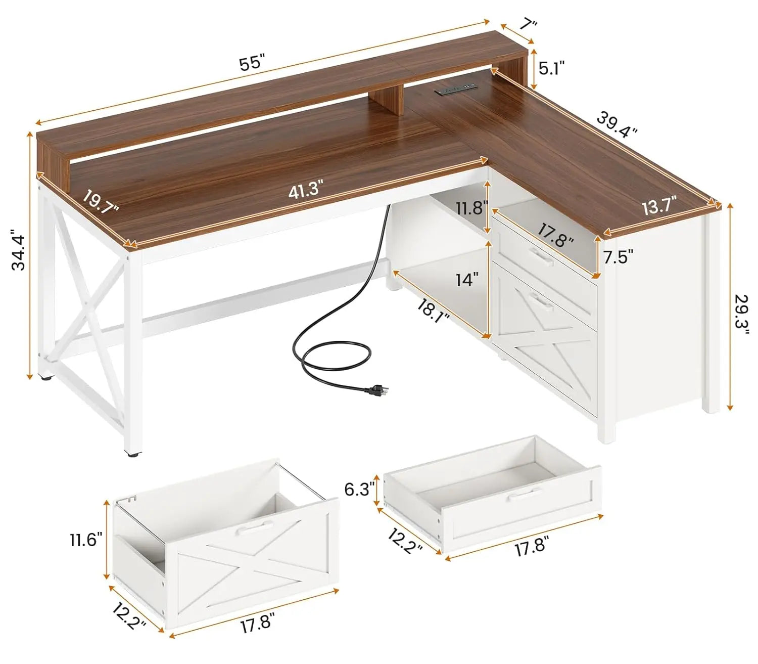 FurnishSpot® Farmhouse L-Shaped Computer Desk with LED Lights, Monitor Stand & File Drawer