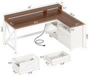 FurnishSpot® Farmhouse L-Shaped Computer Desk with LED Lights, Monitor Stand & File Drawer