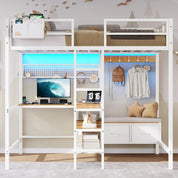 Twin Loft Metal Bed with L-Shaped Desk, Charging Station, LED Lights, and Storage Shelves