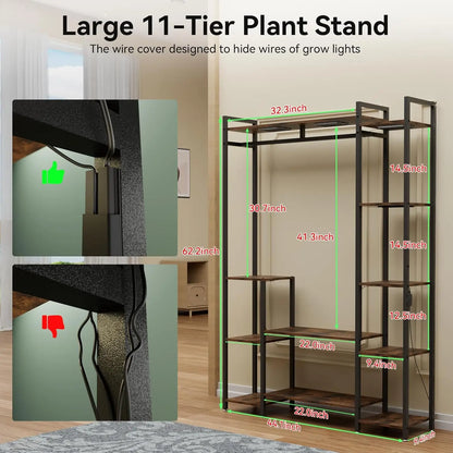 Indoor 11 Tiered Wood Plant Stand with Grow Lights