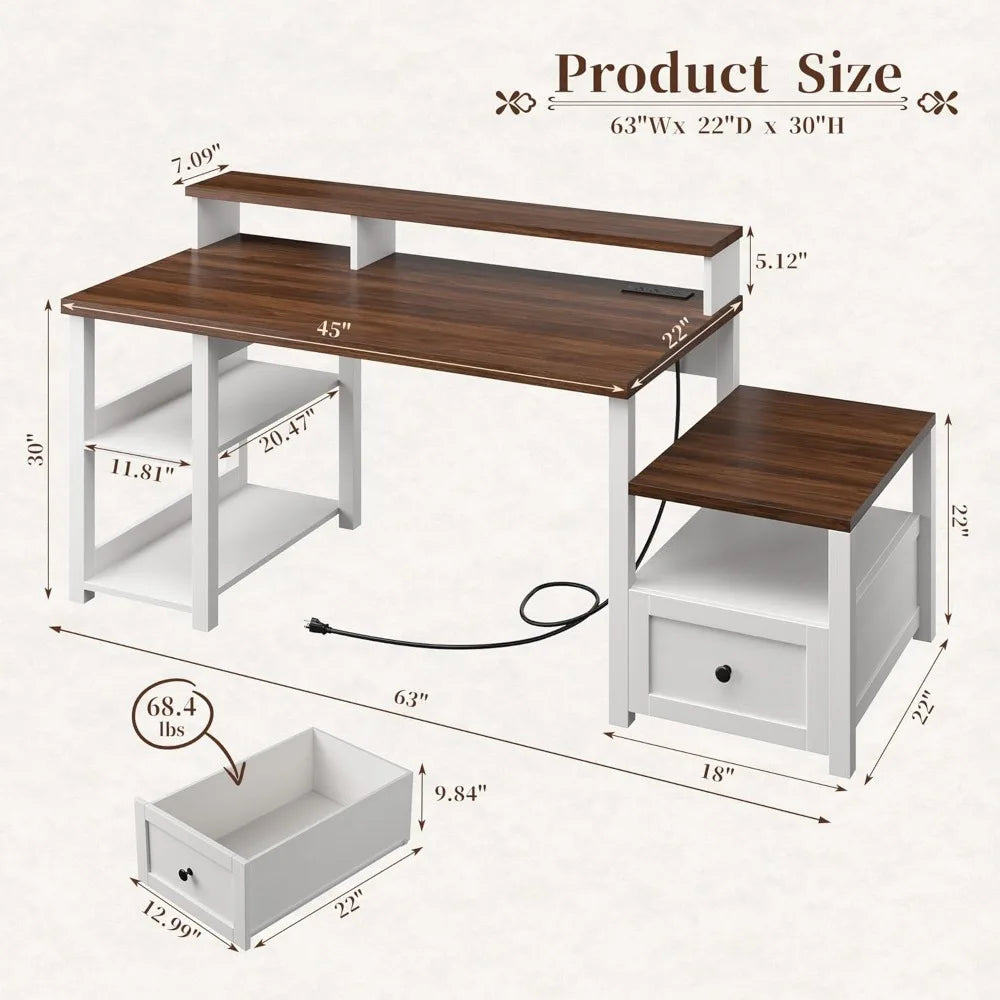 63" Farmhouse Style Computer Desk with Drawers, Storage Shelves and Power Outlets, Home Office Desks with Long Monitor Stand fo