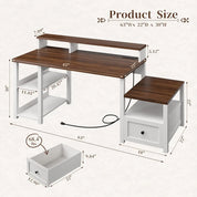 63" Farmhouse Style Computer Desk with Drawers, Storage Shelves and Power Outlets, Home Office Desks with Long Monitor Stand fo