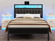 Full/Queen size bed frame with charging station, LED bed frame, headboard with frame, platform bed frame, soft cushion bed frame