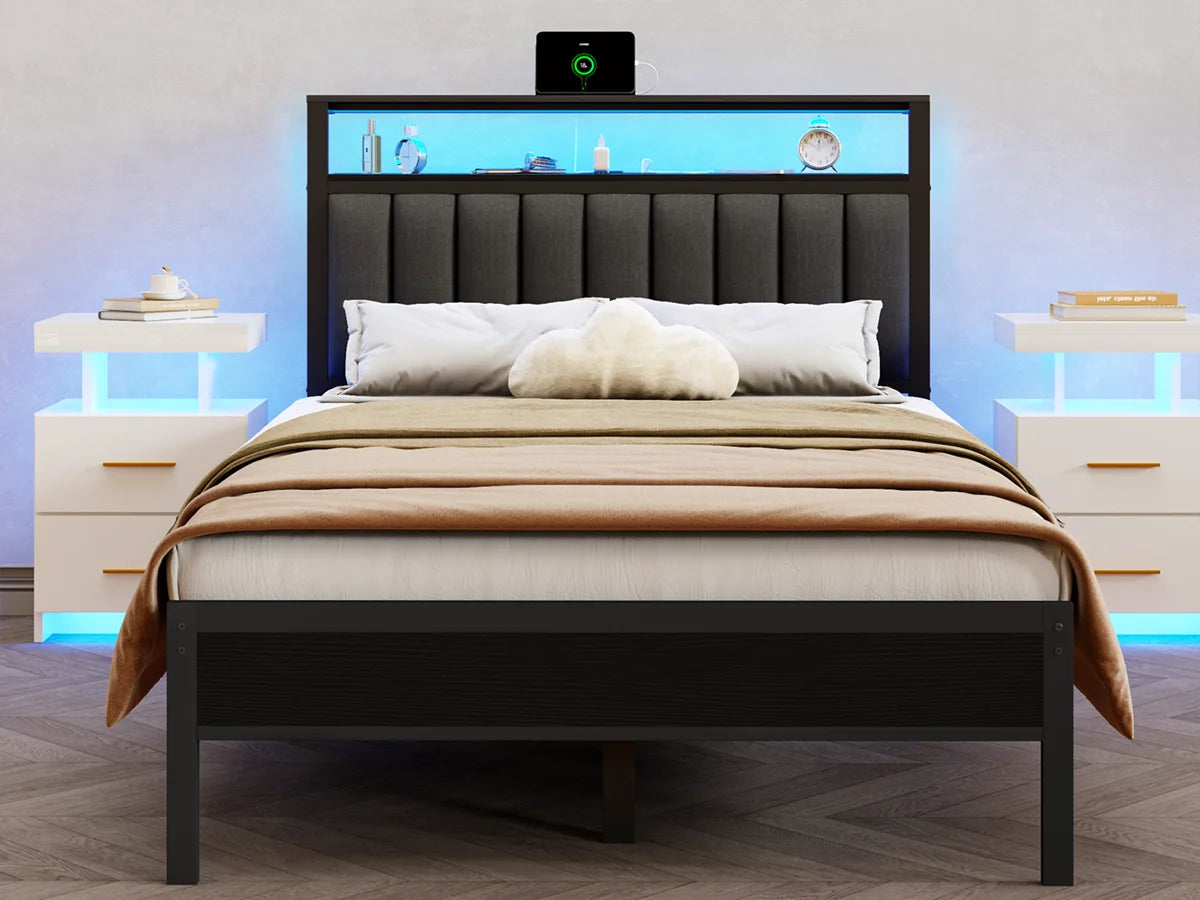 Full/Queen size bed frame with charging station, LED bed frame, headboard with frame, platform bed frame, soft cushion bed frame