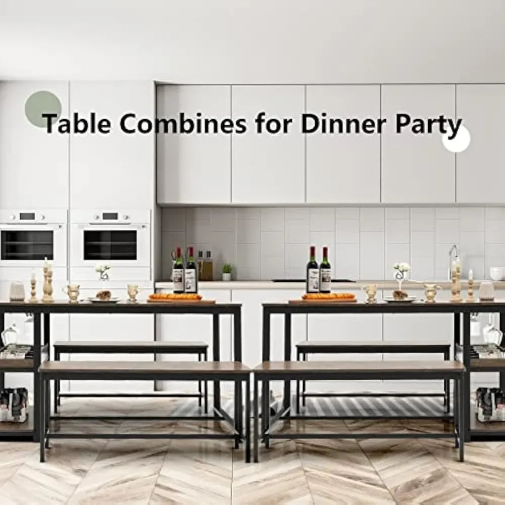 3-Piece Dining Table Set for 4, Rustic Pub Dining Table with 2 Benches, 2 Storage Shelves and Glass Holder, Breakfast Kitchen