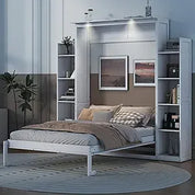Full Murphy Bed with Storage Shelves, Drawers, LED Light, and Flexible Slats Support