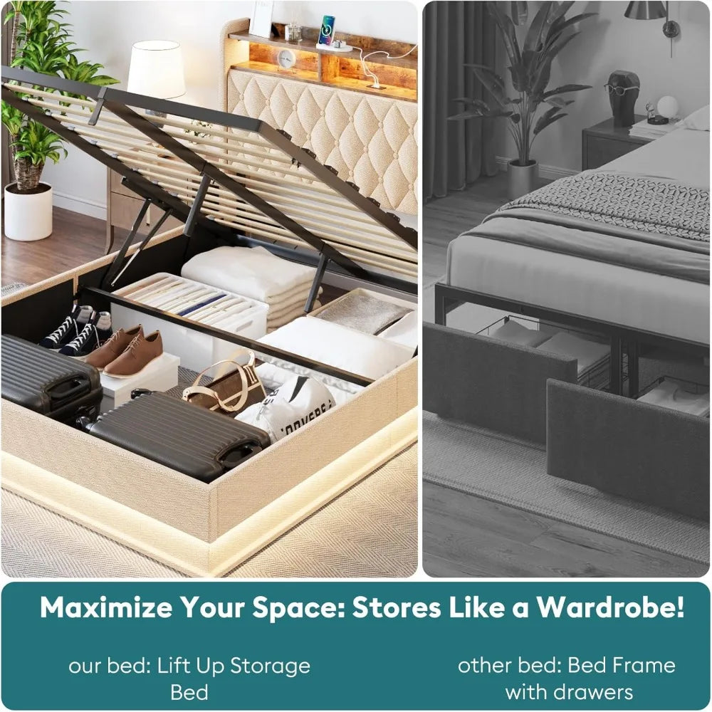 Full Bed Frame with Storage, LED Lights, and Charging