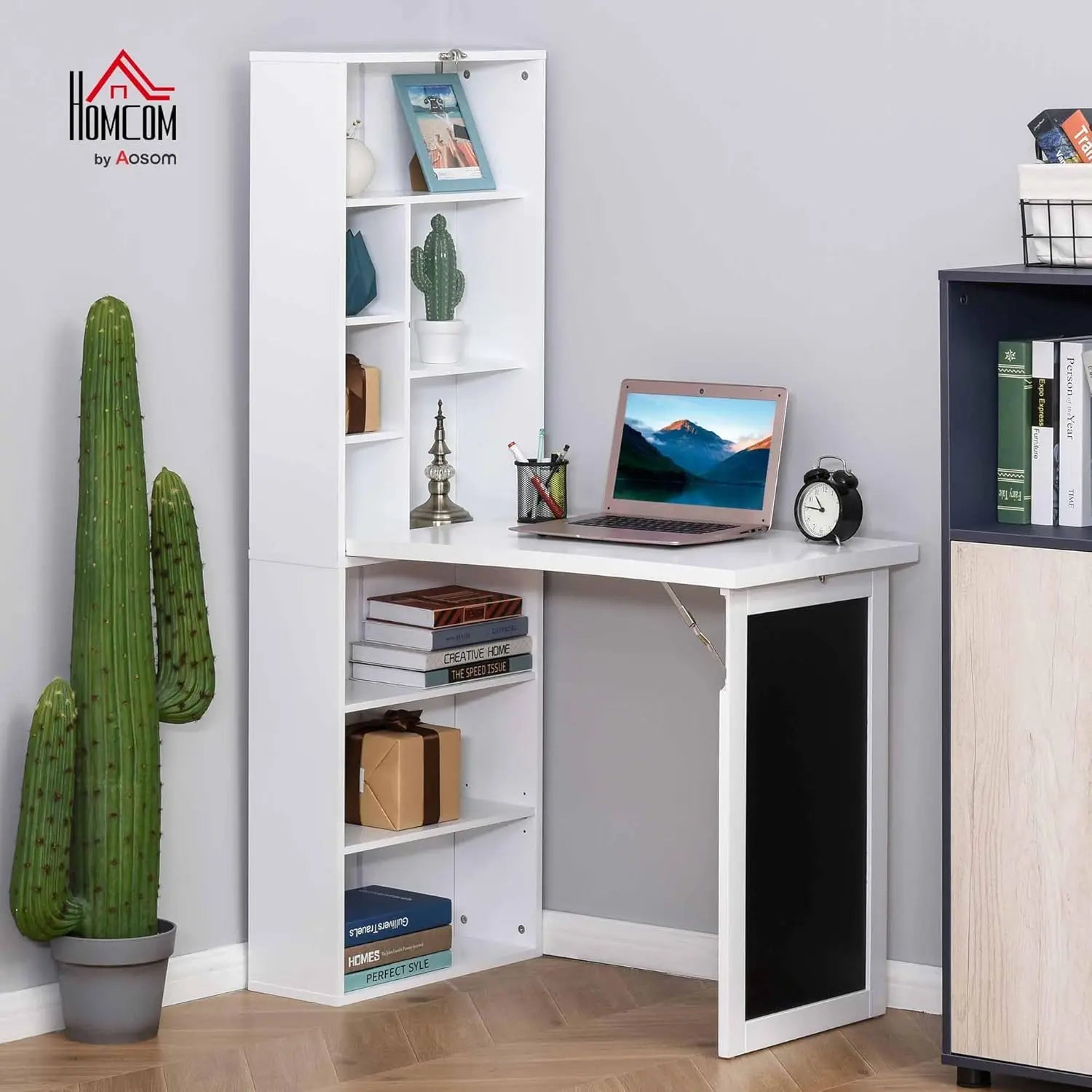 Fold-Out Convertible Writing Table,Wall Mount Desk Cabinet with Blackboard and Side Shelf Multi-Function Home Office Workstation