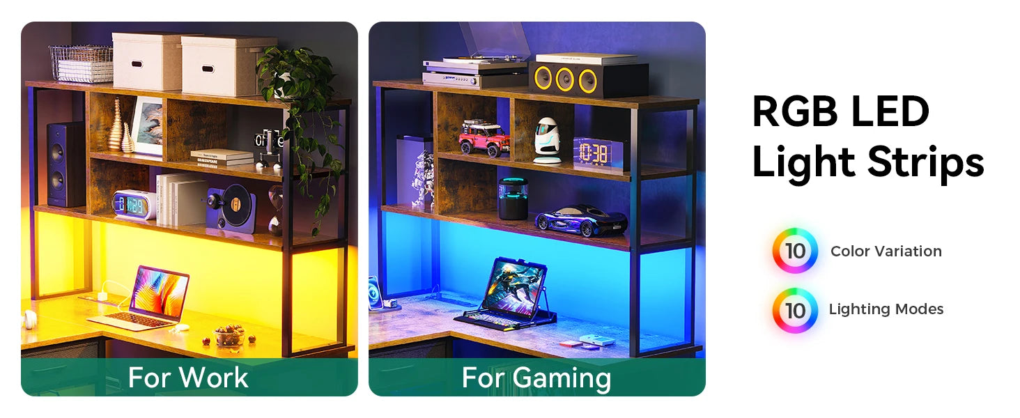 79 Inch L Shaped Desk with File Drawers, Reversible L Shaped Gaming Desk with Power Outlets & LED Lights, Computer Desk