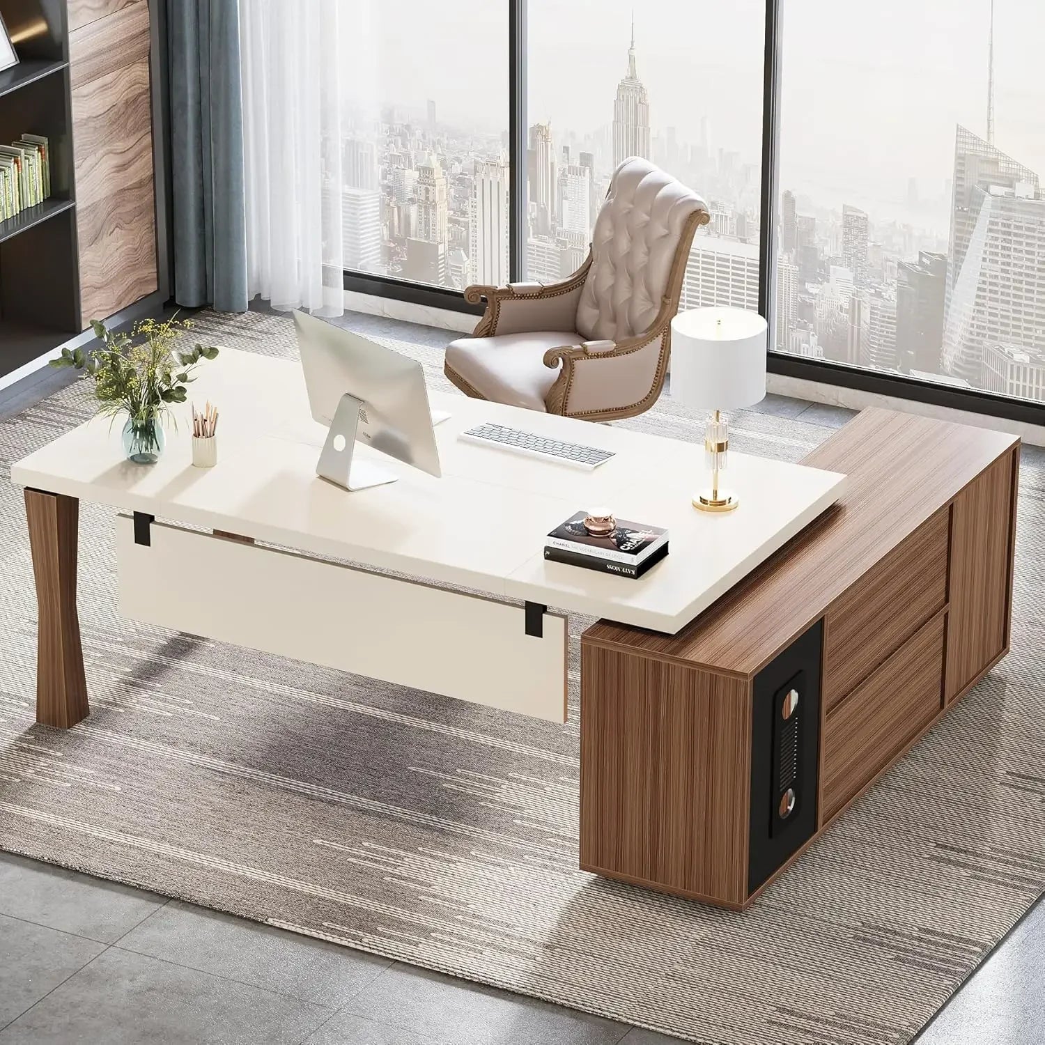 71-Inch Executive Desk, L-Shaped Desk , Large Office Desk,Writing Table Desk Business Furniture Set for Home Office, Cream White
