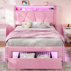 VIAGDO Pink Twin Bed Frames with LED Lights, Upholstered Platform Bed Frame Twin Size with Storage Headboard and Charging Statio