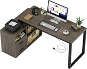 L Shaped Desk with Drawers&Shelves, 55'' Corner Computer Desk with Power Outlets, Reversible PC Table with Storage File Cabinet