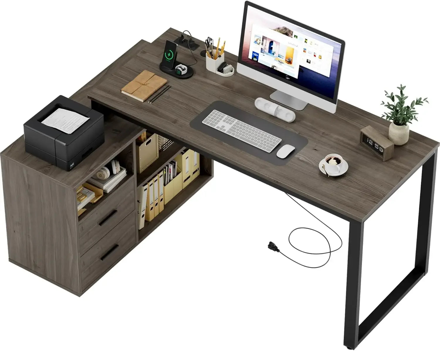 L Shaped Desk with Drawers&Shelves, 55'' Corner Computer Desk with Power Outlets, Reversible PC Table with Storage File Cabinet