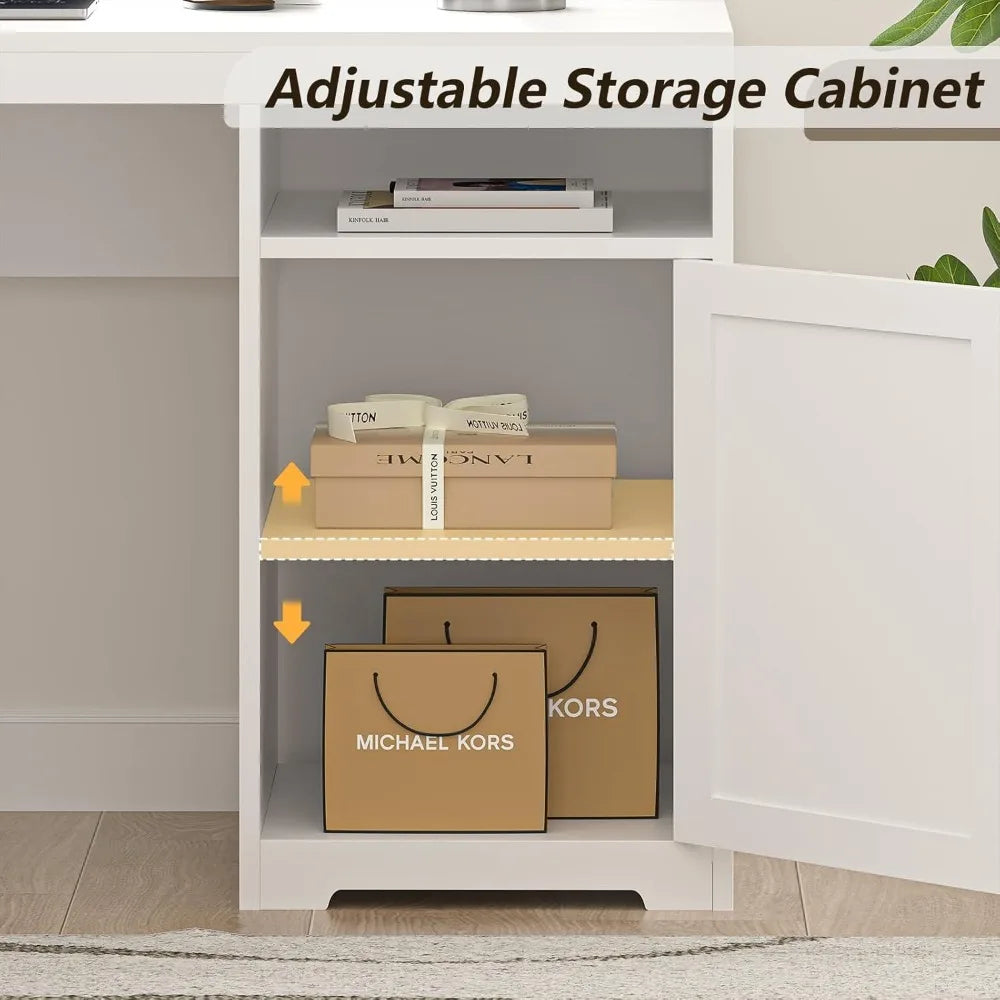 63" Farmhouse L Shaped Executive Desk with Drawers & Storage Shelf, Corner Computer Desk with Power Outlets, L Shaped Office Des