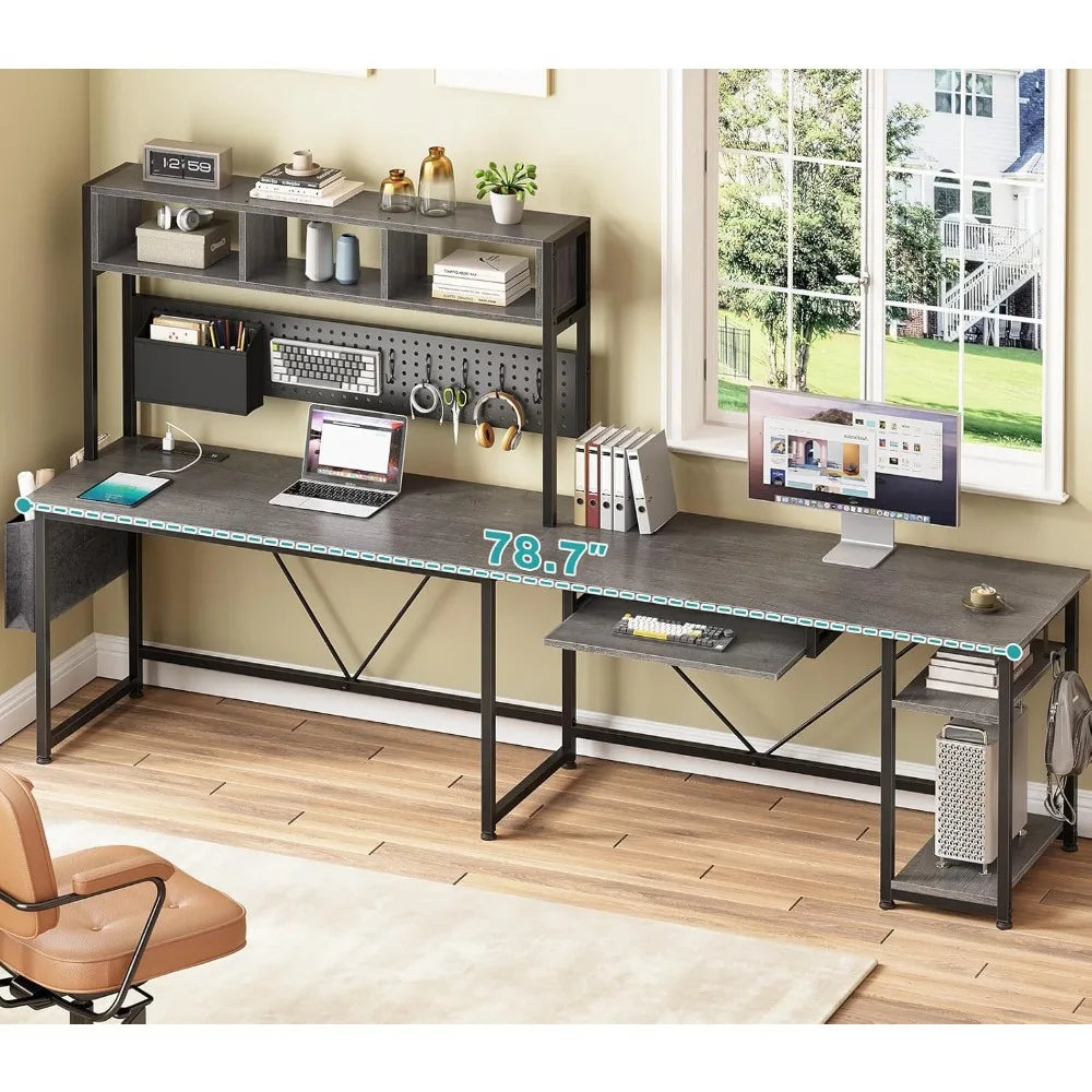 FurnishSpot L-Shaped Gaming Desk with Hutch, Charging Station & RGB LED Lights – Reversible Corner Computer Desk with Storage Shelves