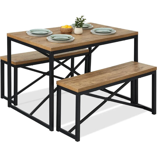 45.5in 3-Piece Bench Style Dining Furniture Set, 4-Person Space-Saving Dinette for Kitchen, Dining Room w/ 2 Benches, Table - L