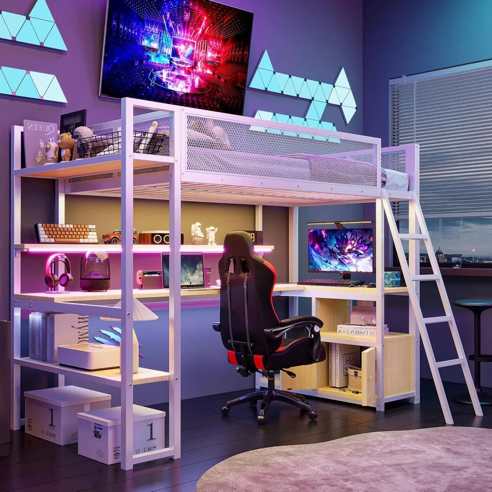 Loft Bed with Desk & Storage Shelves, Twin Size Space-Saving Bed Frame with LED Lights, Charging Station, Safety Guardrails, Eas