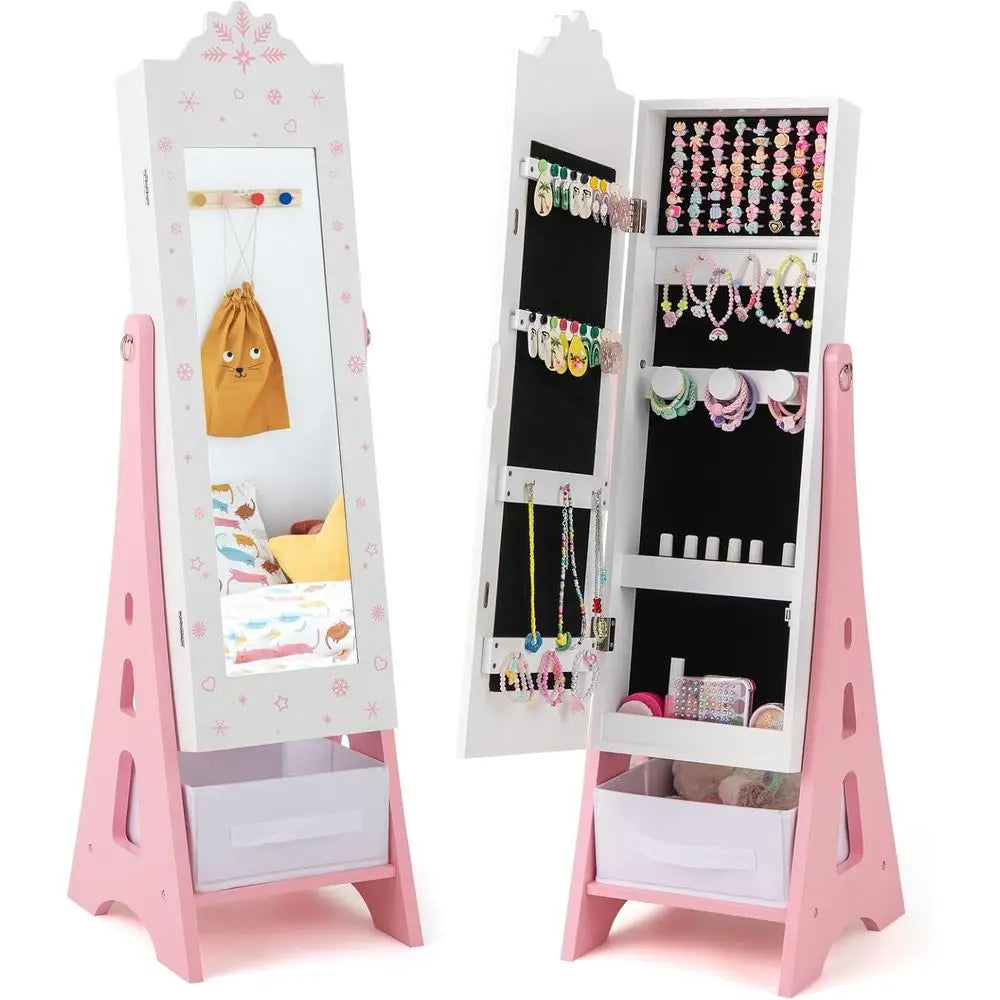 Children’s Wooden Standing Jewelry Cabinet with Full-Length Mirror & Storage Drawers – White