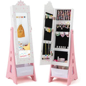 Children’s Wooden Standing Jewelry Cabinet with Full-Length Mirror & Storage Drawers – White