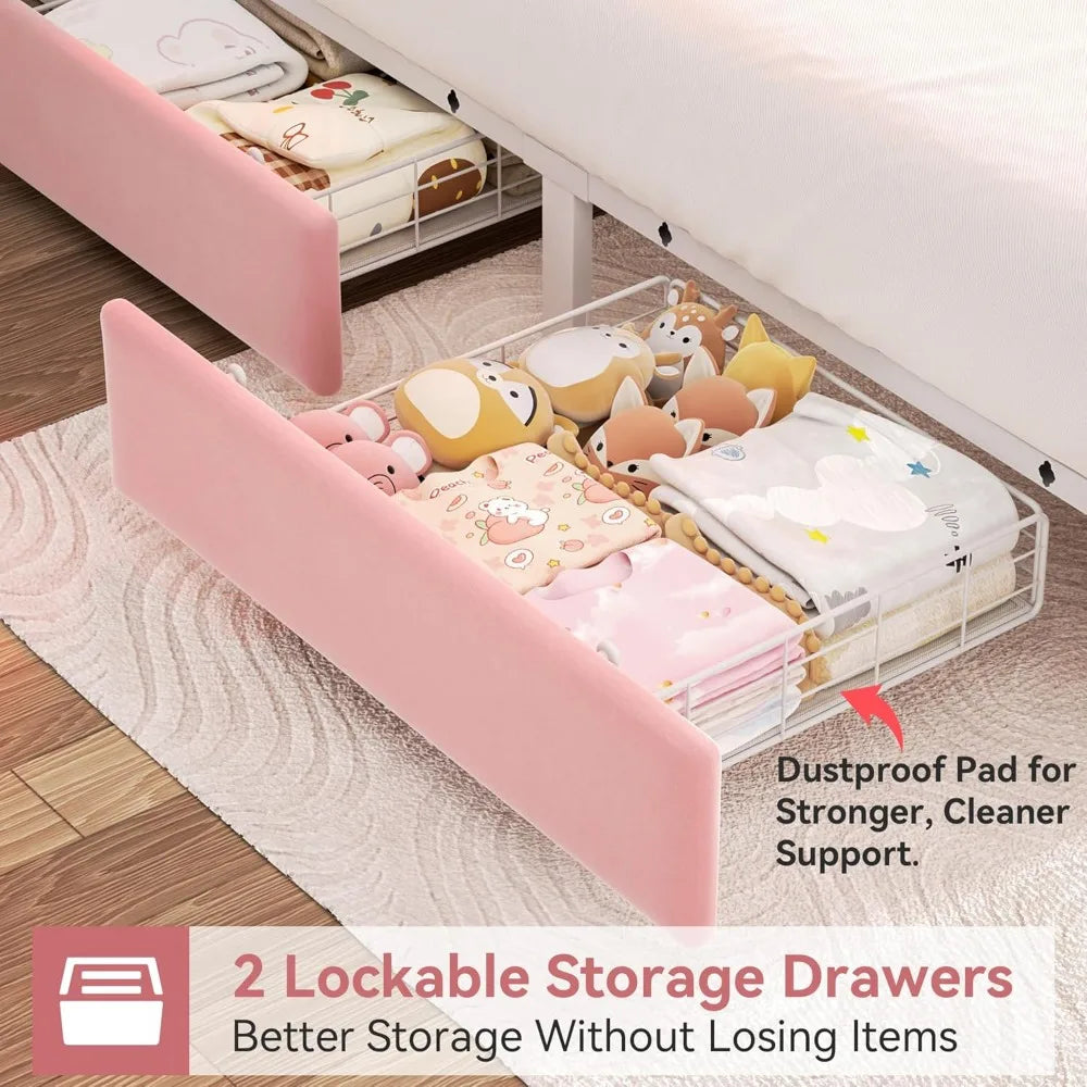 Queen Upholstered LED Bed Frame with 2 Storage Drawers and 2-Tier Storage Headboard,Velvet Princess Platform Bed with Charging