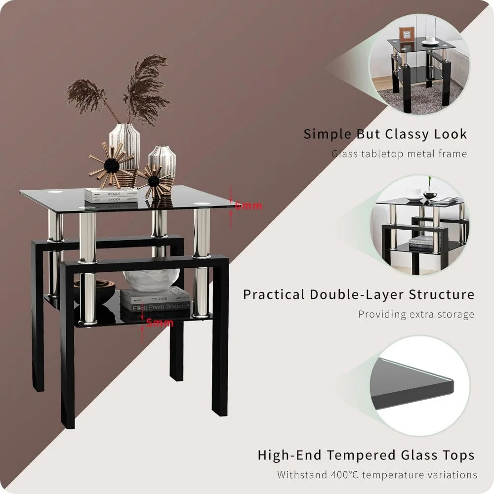 Black Glass Coffee Table Set of 3 Piece, Living Room Tables Set of 3 Pcs, Including 1 Coffee Table and 2 End Side Tables, Metal