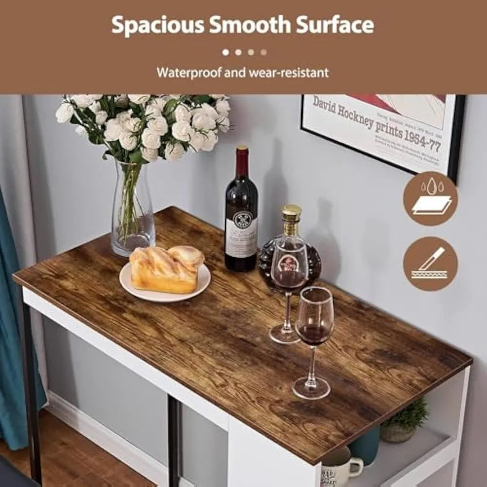 3 Piece Dining Table Set Kitchen Bar Table with Two Stool Storage Shelves Counter Height Table Top Dining Room Home