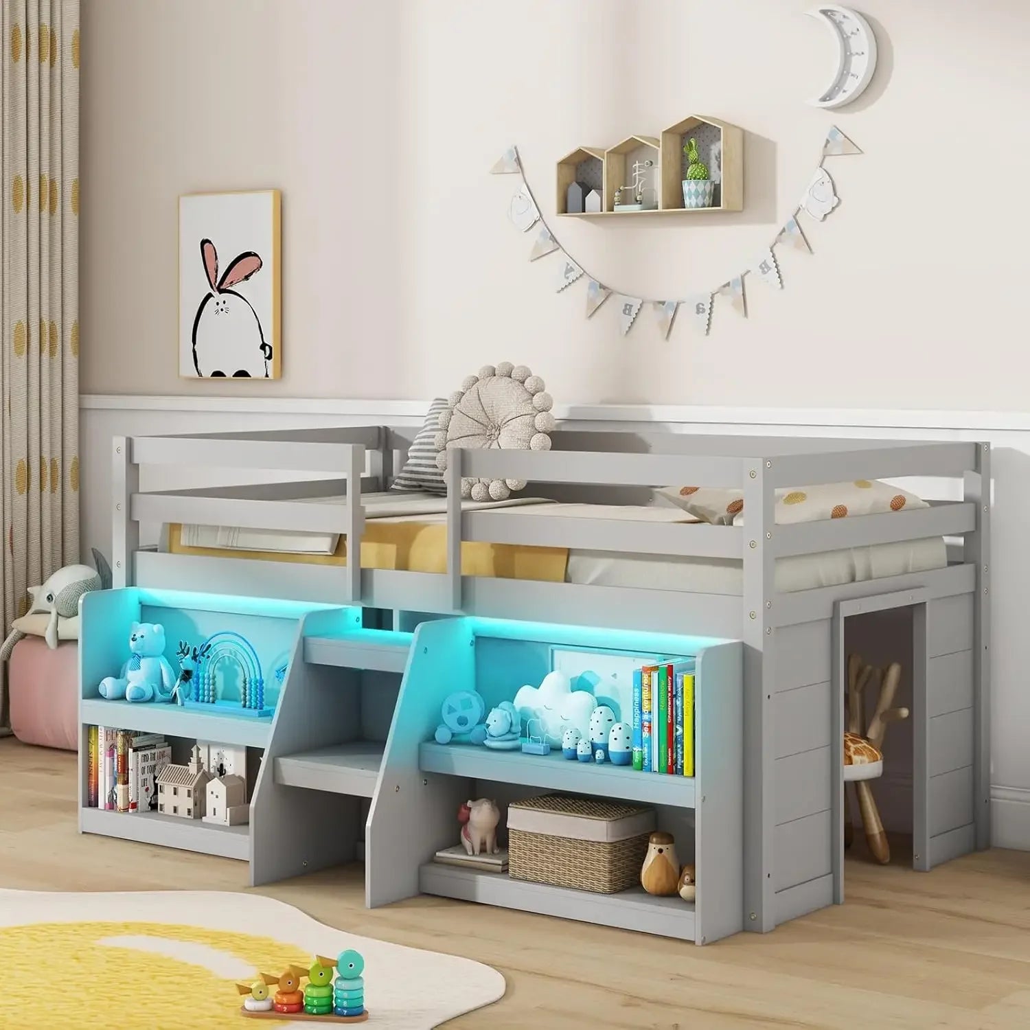 Kids Loft Bed with LED Light, Wooden Double Loft Bed with Stairs and Safety Guardrail, with Storage Bookcase