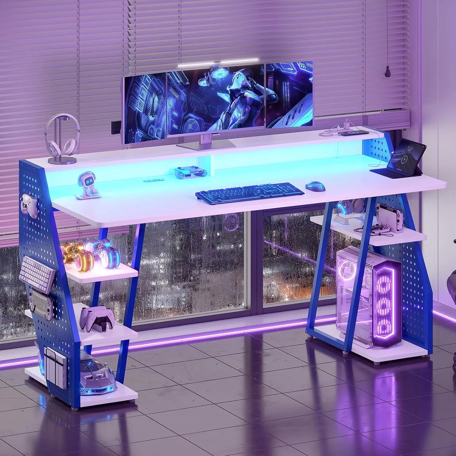 Gaming Table 55'' with LED Light and Storage Shelves, Computer Table with Monitor Stand, Power Outlets and Pegboard, White/Blue