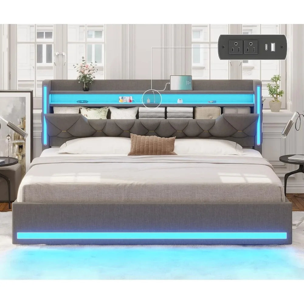 King Size Bed Frame with Marshmallow Headboard and Storage, Metal Bed Frame with LED Lights & Charging Station, Upholstered Plat