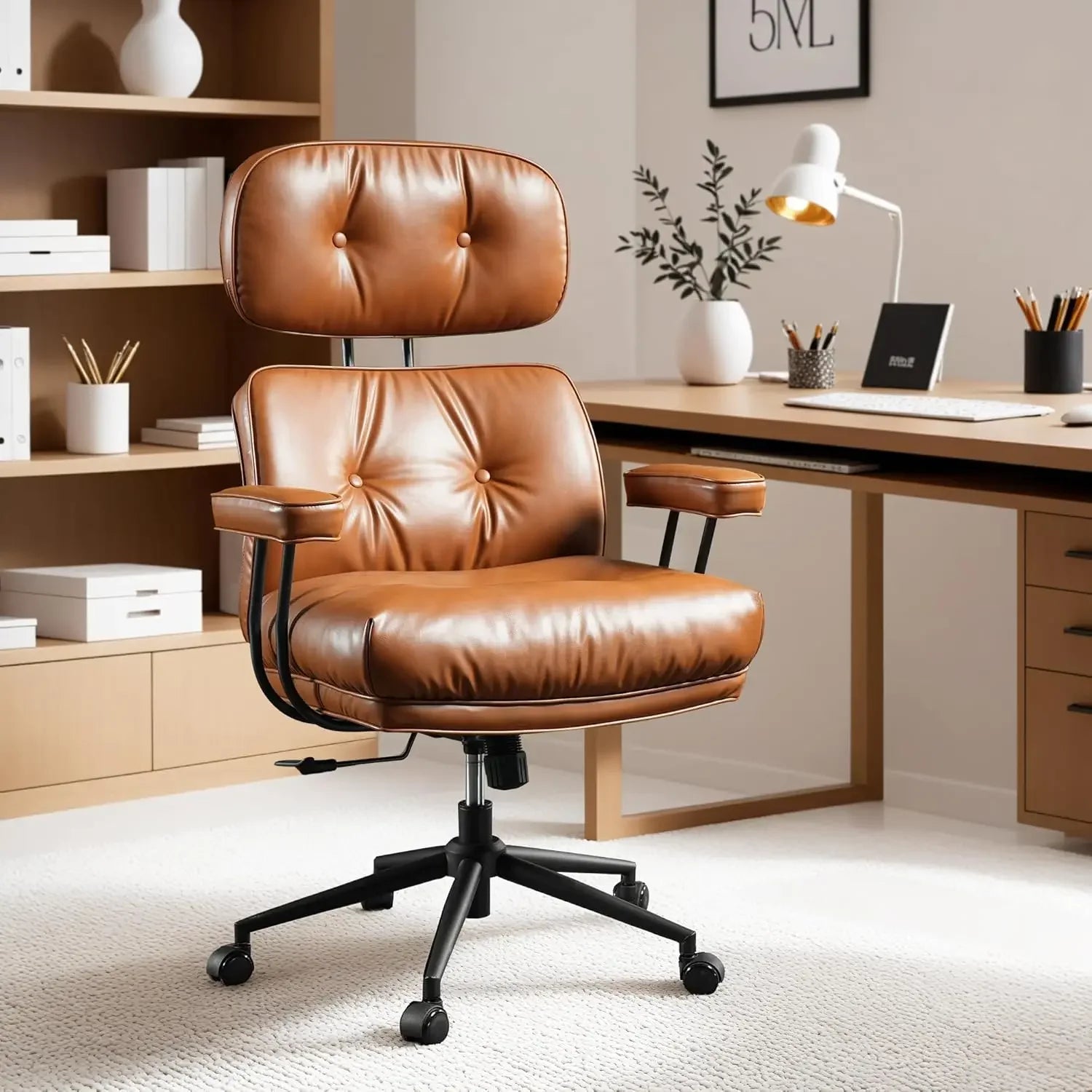 Ergonomic Home Office Chair, Mid-Century Modern Leather Chair with Lumbar Support, High Back Swivel Rolling Executive Chair