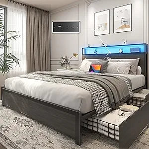 Queen Bed Frame with 2-Tier Storage Headboard, Metal Frame with 4 Storage Drawers, and Built in Charging