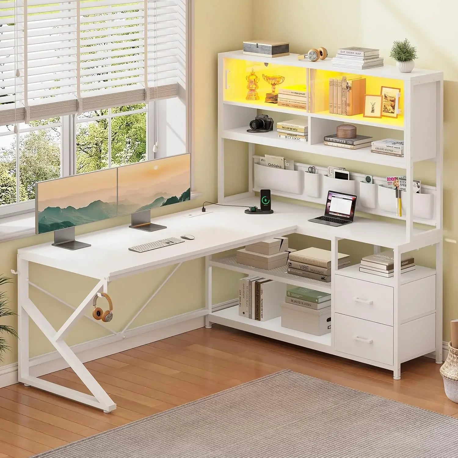 L Shaped Gaming Corner Desk with 2 Drawer and Bookshelf and LED Light