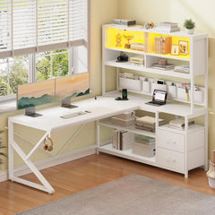L Shaped Gaming Corner Desk with 2 Drawer and Bookshelf and LED Light