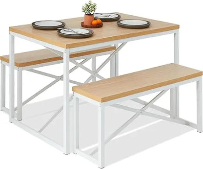 45.5in 3-Piece Bench Style Dining Furniture Set, 4-Person Space-Saving Dinette for Kitchen, Dining Room w/ 2 Benches, Table - L