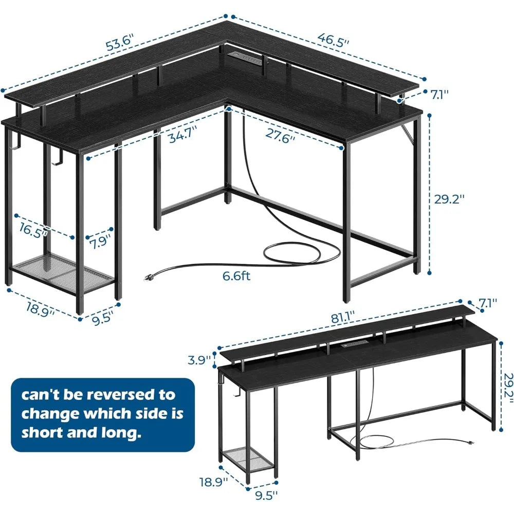 L Shaped Gaming Desk with Power Outlets & LED Lights, Computer Desk with Monitor Stand & Storage Shelf