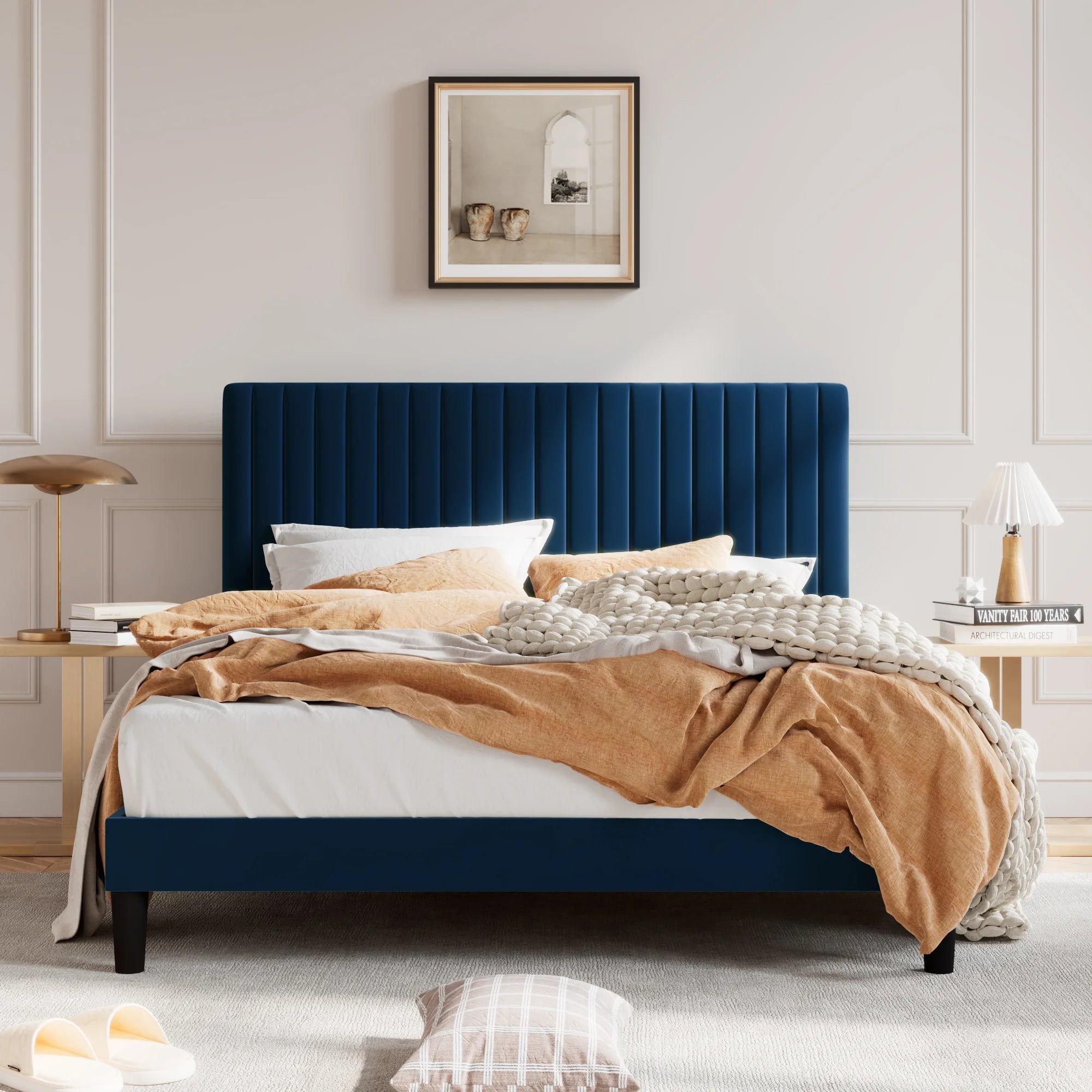 Upholstered Platform Bed Frame with Vertical Channel Tufted Velvet Fabric Adjustable Headboard