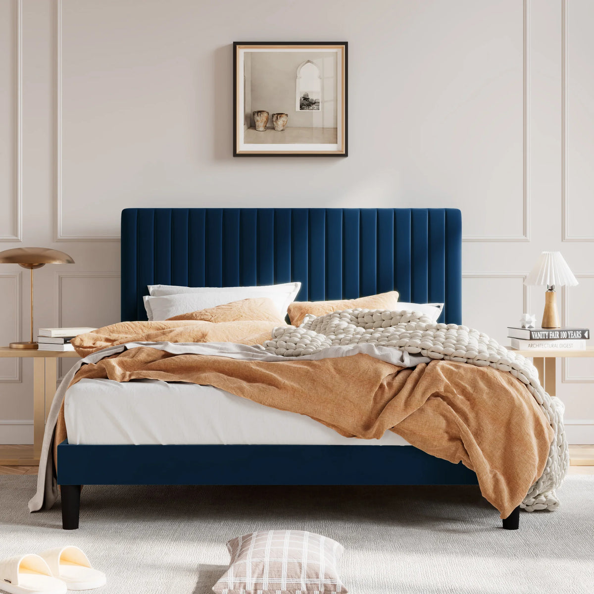 Upholstered Platform Bed Frame with Vertical Channel Tufted Velvet Fabric Adjustable Headboard