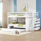 Full Over Full Bunk Bed with Twin Size Trundle and Stairs, and Storage Drawers