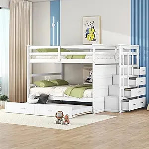 Full Over Full Bunk Bed with Twin Size Trundle and Stairs, and Storage Drawers