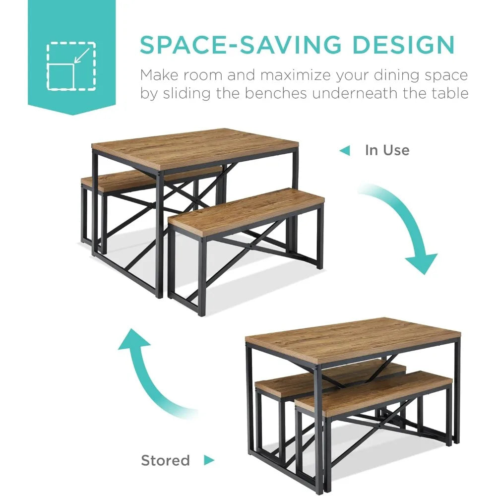 45.5in 3-Piece Bench Style Dining Furniture Set, 4-Person Space-Saving Dinette for Kitchen, Dining Room w/ 2 Benches, Table - L