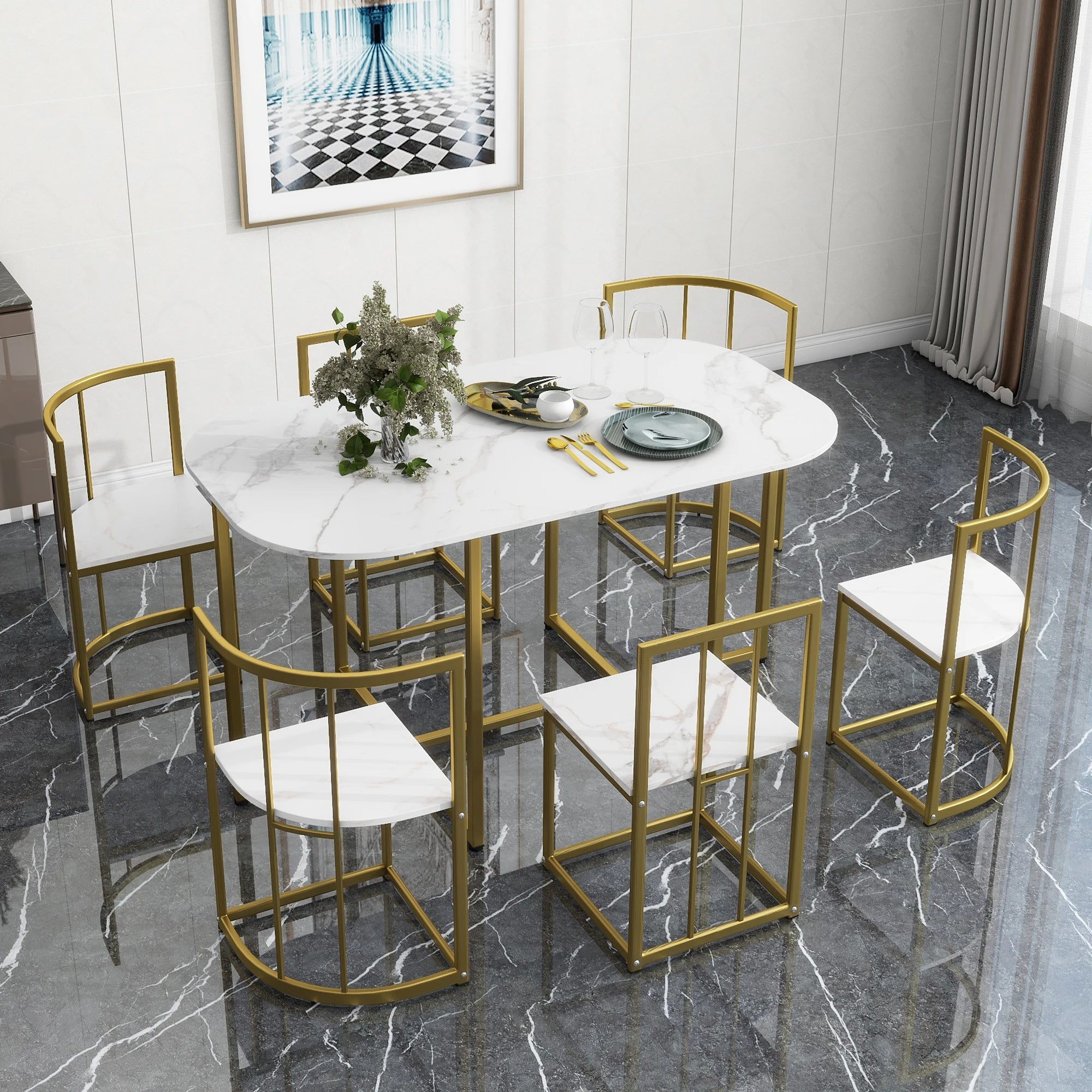 TOPMAX Modern 7-Piece Dining Table Set with Faux Marble Compact 55Inch Kitchen Table Set for 6