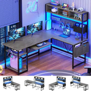 FurnishSpot L-Shaped Gaming Desk with Hutch, Charging Station & RGB LED Lights – Reversible Corner Computer Desk with Storage Shelves