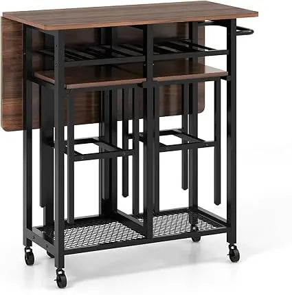 3-Piece Foldable Dining Table Set, Extendable Dining Table & 2 Stools Set w/ 6-Bottle Wine Rack, Side Pushing Handl