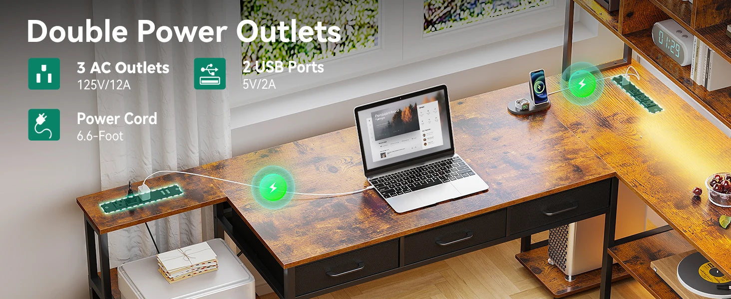 79 Inch L Shaped Desk with File Drawers, Reversible L Shaped Gaming Desk with Power Outlets & LED Lights, Computer Desk