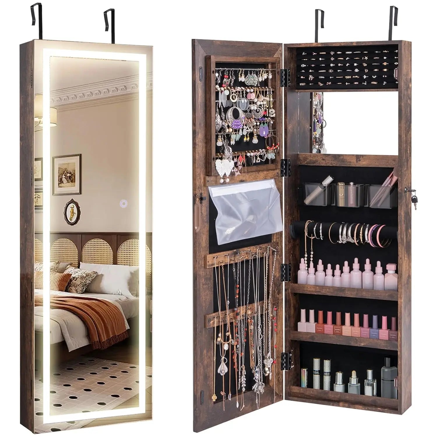 LED Jewelry Armoire with Adjustable Lighted Full-Length Mirror | Wall Mounted or Over Door