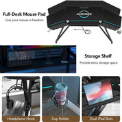 Gaming Desk with Power Outlet & LED Light, 72" Large Wing-Shaped Computer Desk w Monitor Stand & Keyboard Tray & Full-Size Mouse